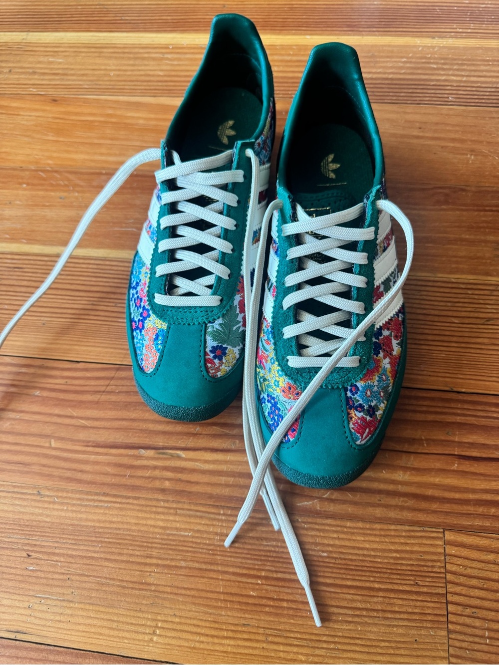 adidas Teal Green Suede Floral Panel Sneakers with White Stripes